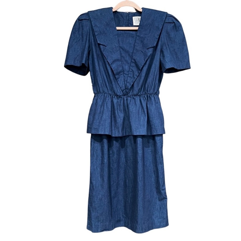 Vintage Sabino Petites 80's Chambray Peplum Dress